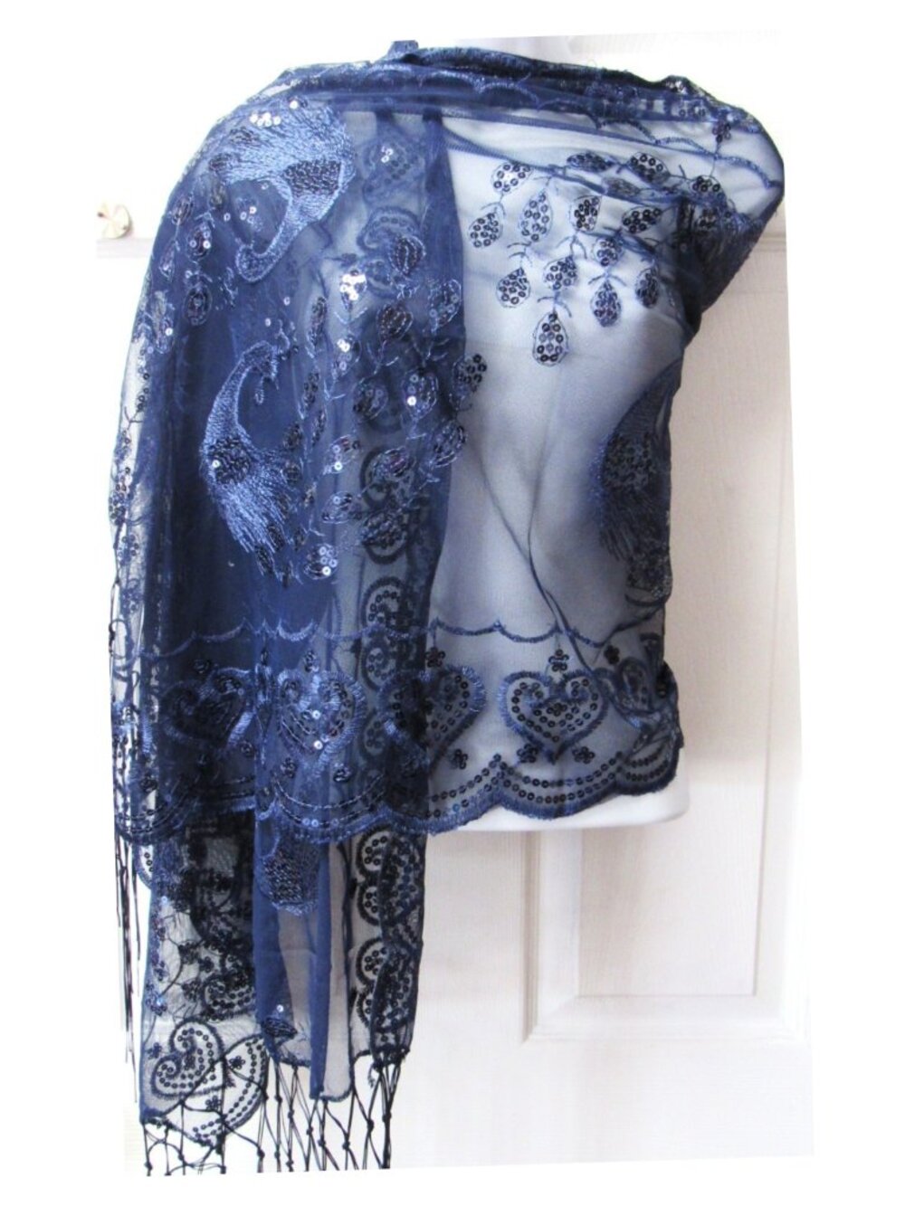 Navy Blue Dressy Sequin Sparkle Fringed Scarf Shawl Wrap Wedding Bridal Formal